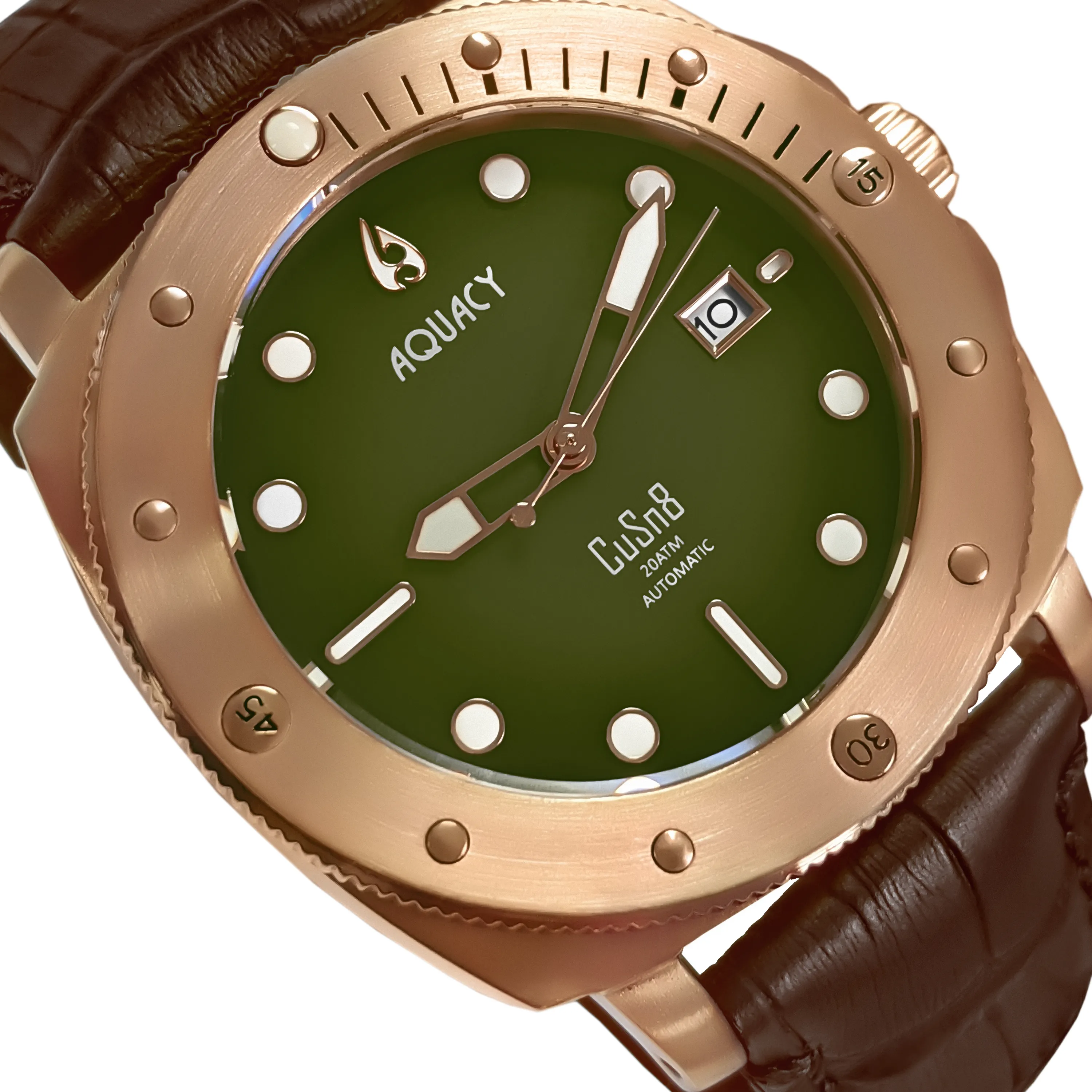 Aquacy Bronze CuSn8 Series Automatic Men's 200m Watch 44mm Olive Drab Green Dial Brown Strap