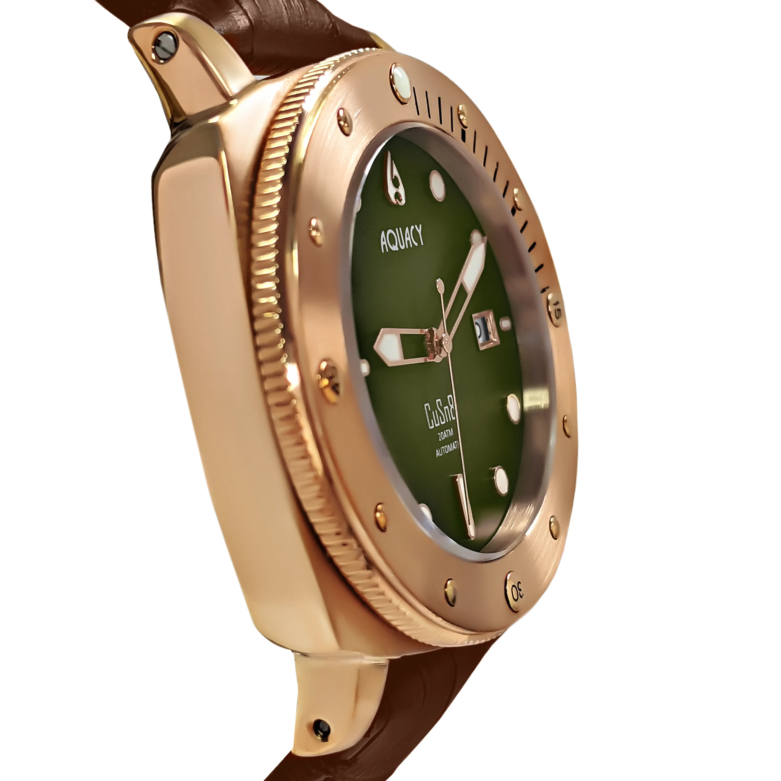 Aquacy Bronze CuSn8 Series Automatic Men's 200m Watch 44mm Olive Drab Green Dial Brown Strap