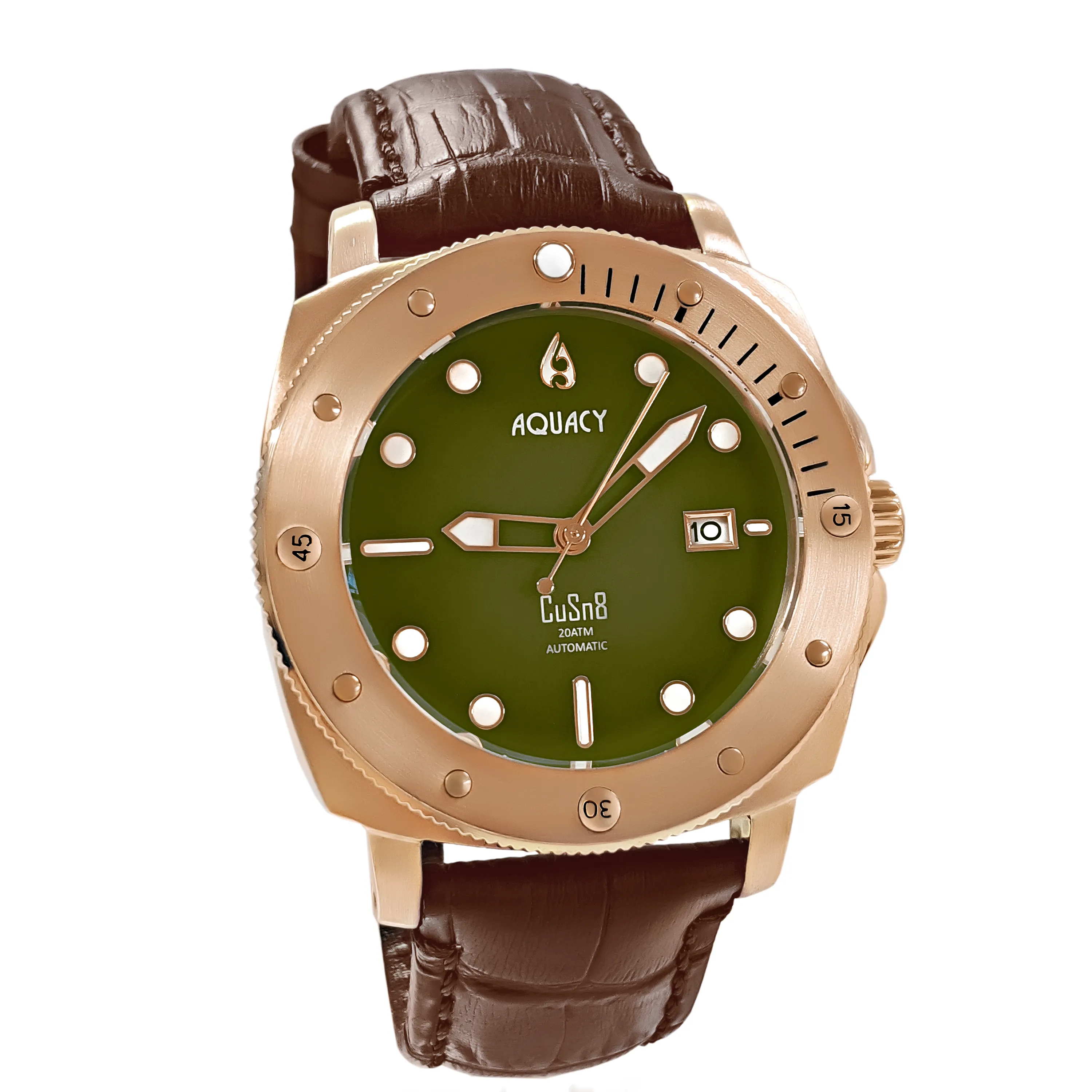 Aquacy Bronze CuSn8 Series Automatic Men's 200m Watch 44mm Olive Drab Green Dial Brown Strap