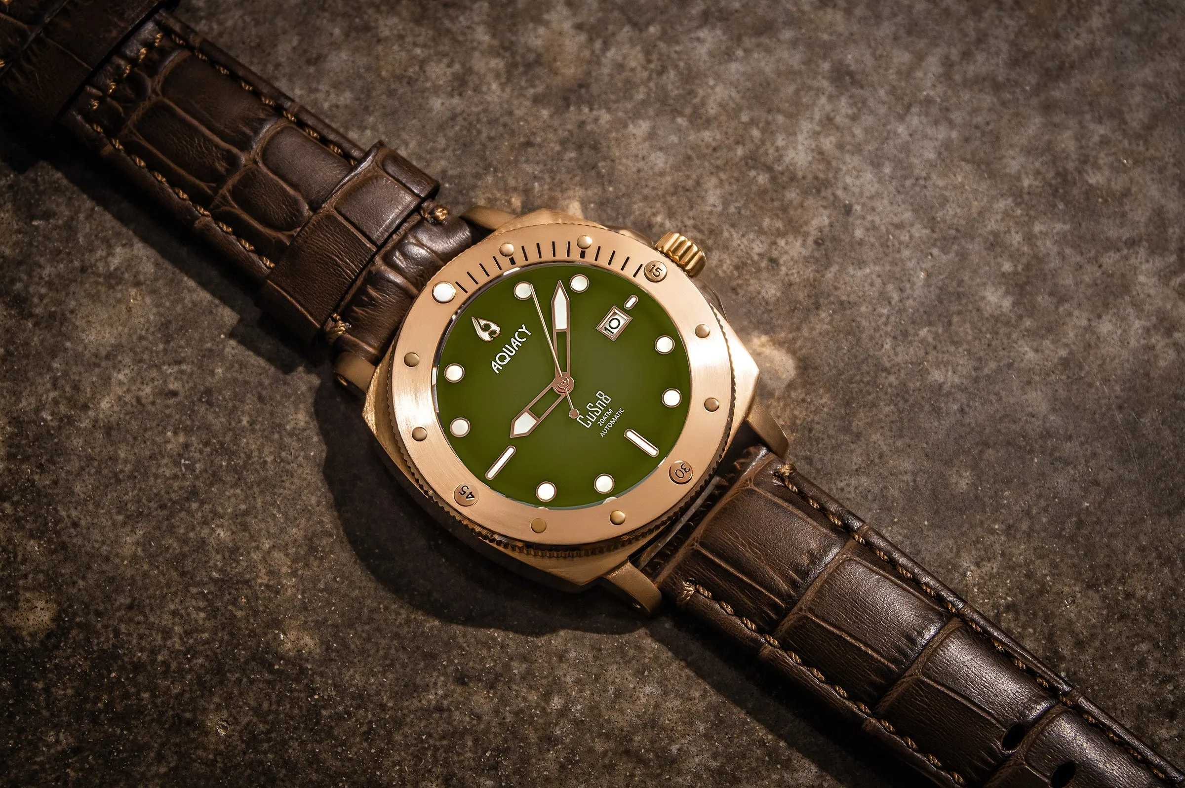 Aquacy Bronze CuSn8 Series Automatic Men's 200m Watch 44mm Olive Drab Green Dial Brown Strap