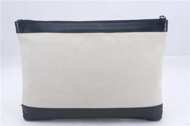 Auth BALENCIAGA Navy Clip M Clutch Hand Bag Canvas Calf Skin 420407 Ivory 5538D