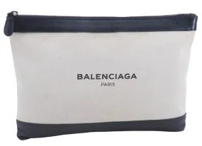 Auth BALENCIAGA Navy Clip M Clutch Hand Bag Canvas Calf Skin 420407 Ivory 5538D