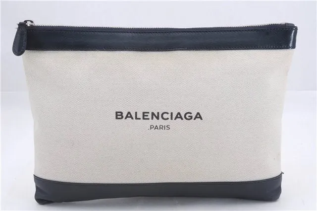 Auth BALENCIAGA Navy Clip M Clutch Hand Bag Canvas Calf Skin 420407 Ivory 5538D