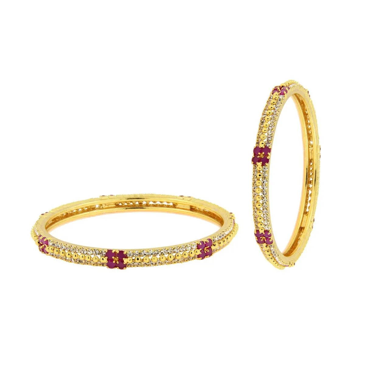 Ball Ruby Red American Diamond Cz 22K Gold Brass Bangle Pair Women