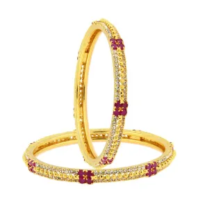 Ball Ruby Red American Diamond Cz 22K Gold Brass Bangle Pair Women