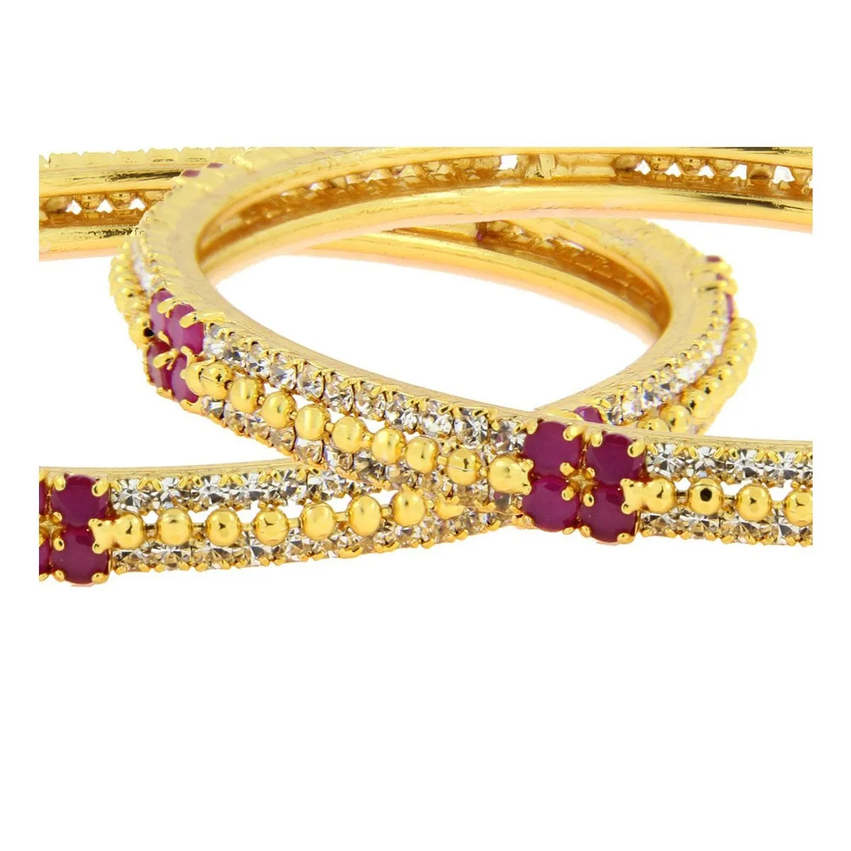 Ball Ruby Red American Diamond Cz 22K Gold Brass Bangle Pair Women