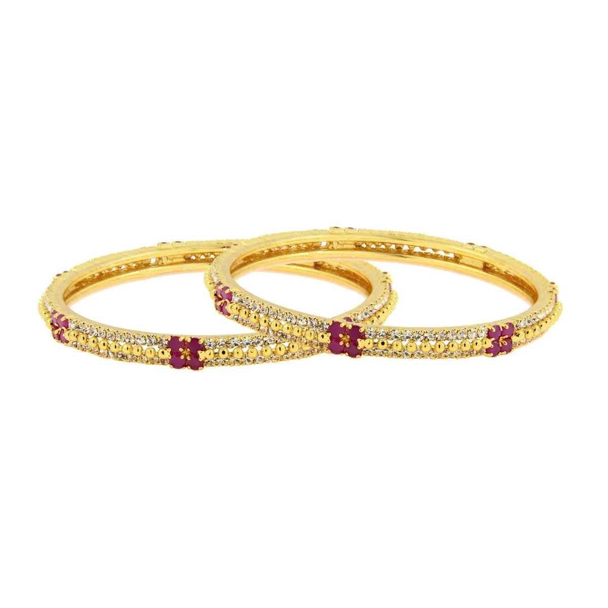 Ball Ruby Red American Diamond Cz 22K Gold Brass Bangle Pair Women