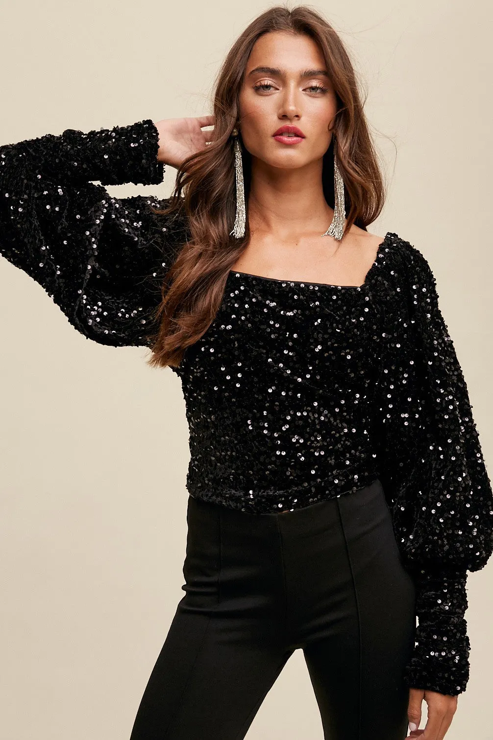 Black Sequin Square Neck Puff Sleeve Top