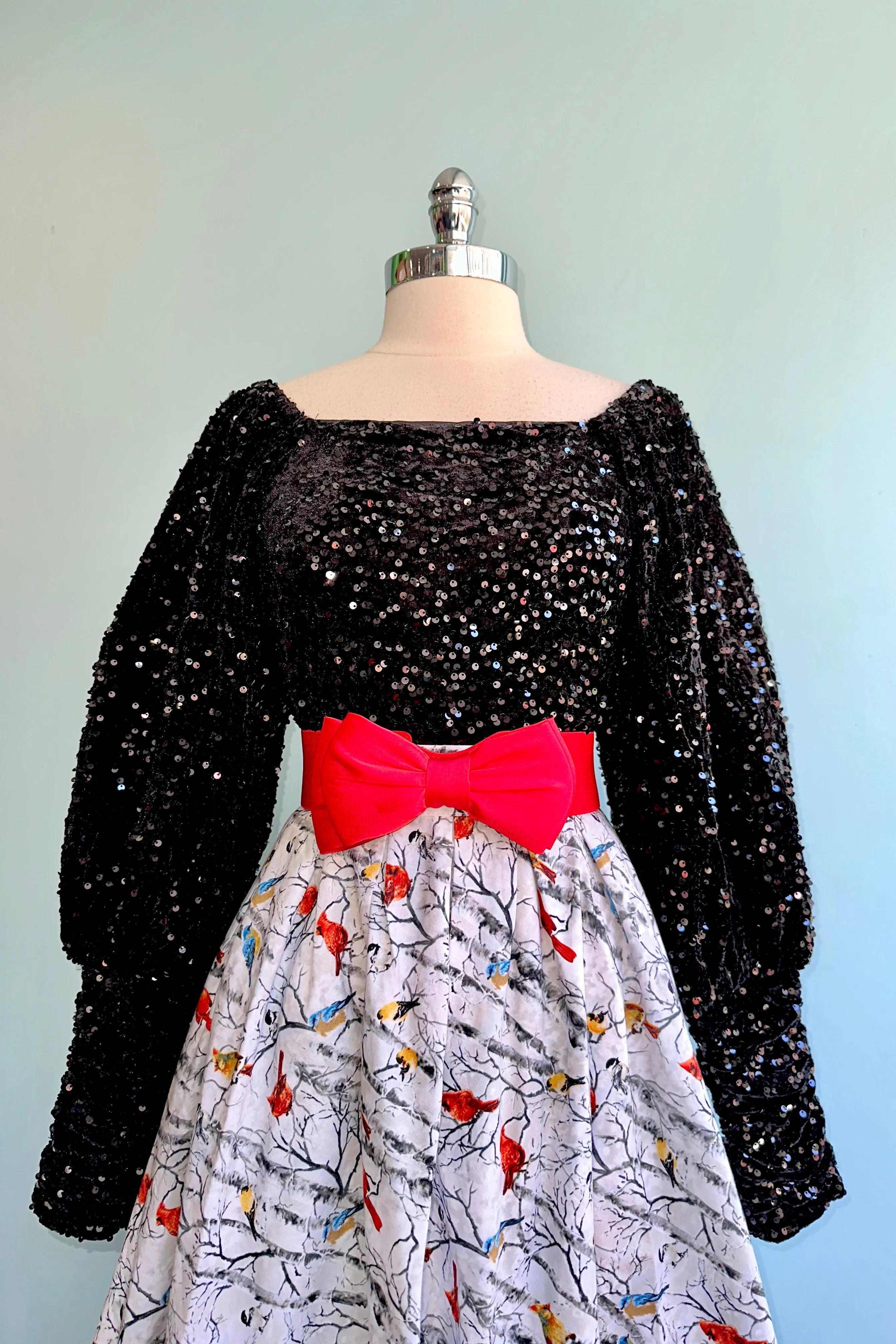 Black Sequin Square Neck Puff Sleeve Top