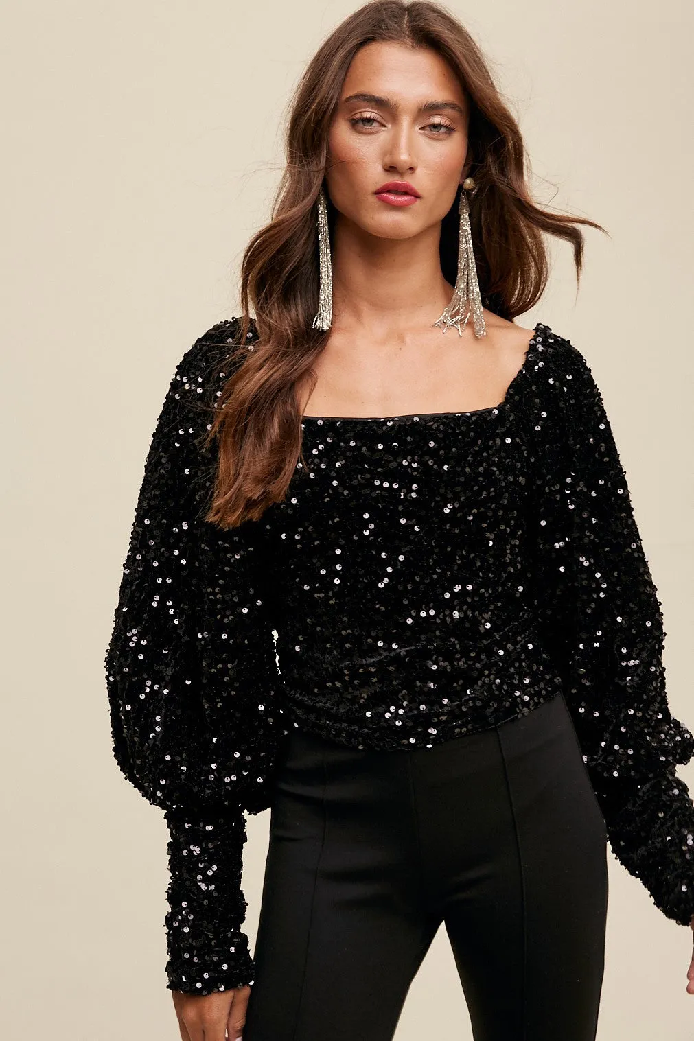 Black Sequin Square Neck Puff Sleeve Top