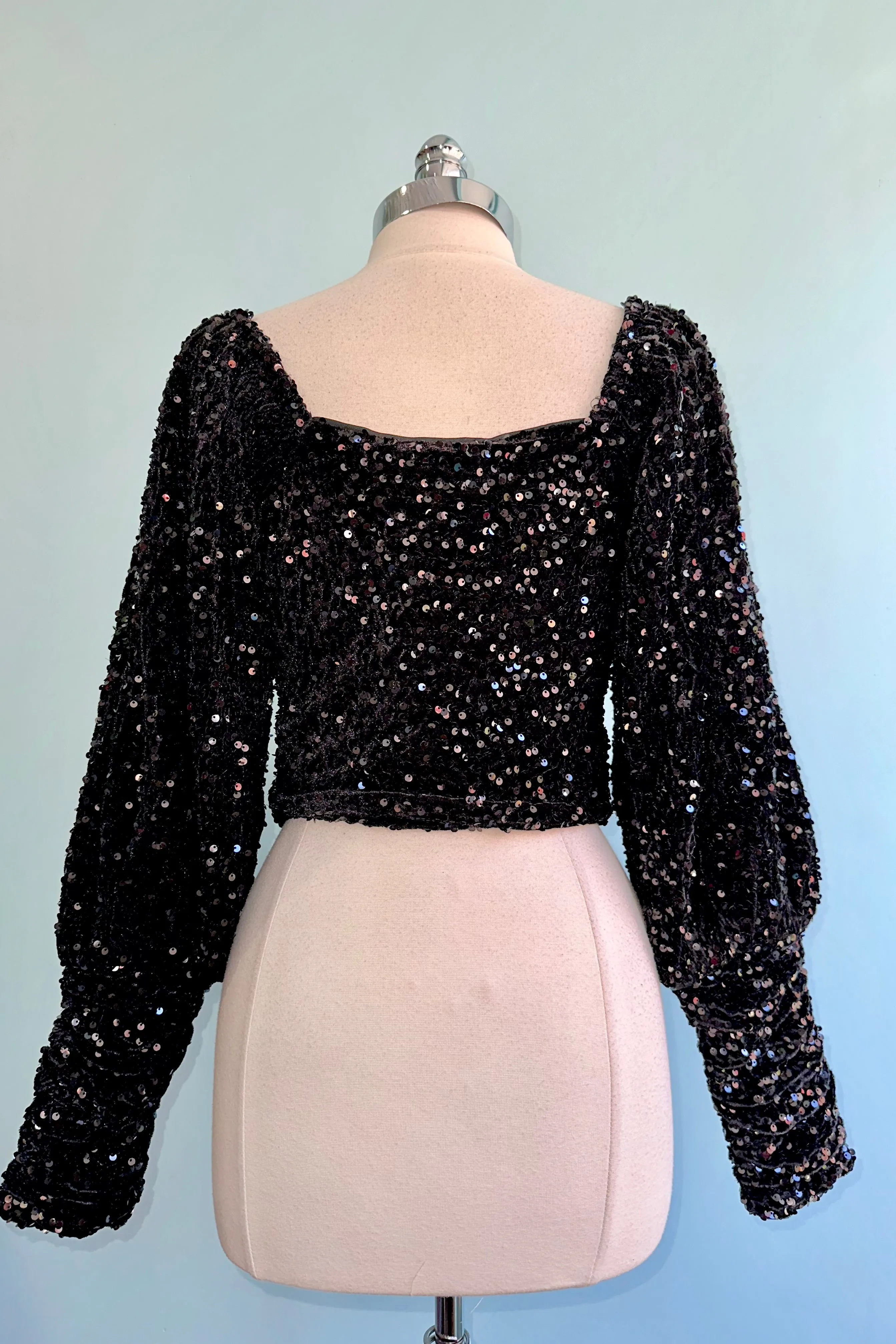 Black Sequin Square Neck Puff Sleeve Top