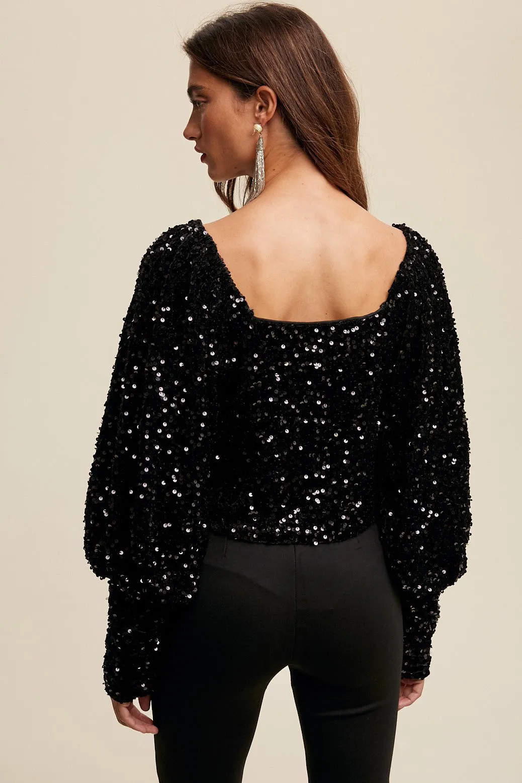 Black Sequin Square Neck Puff Sleeve Top