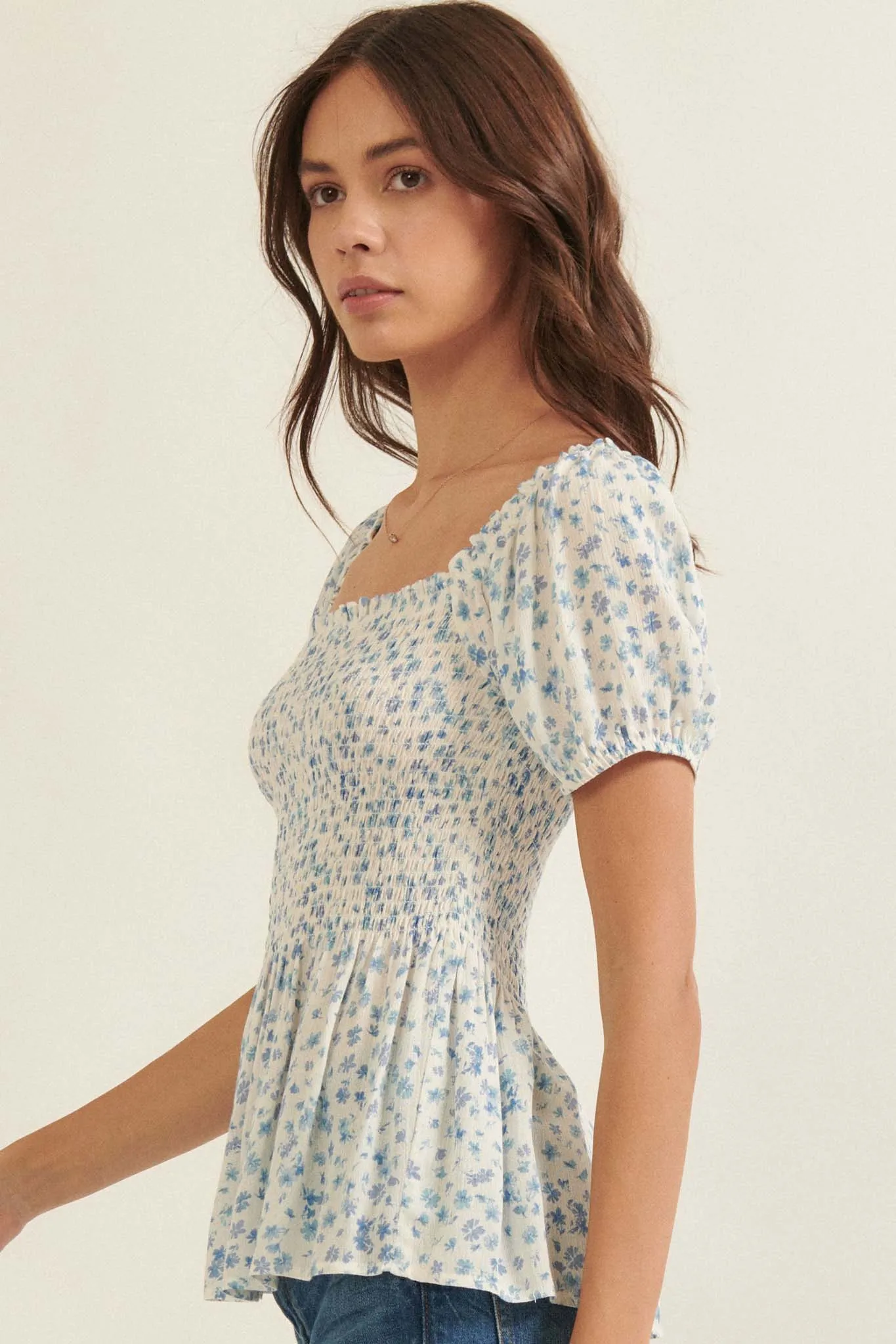 Bright Breeze Smocked Floral Babydoll Top