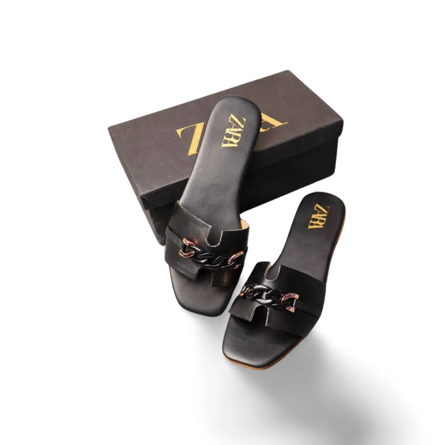 Chain Buckle Flat Slides Woman Pu Leather Sandals