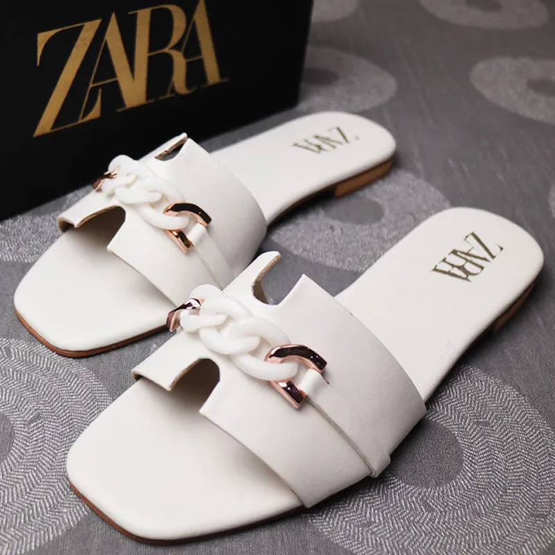 Chain Buckle Flat Slides Woman Pu Leather Sandals