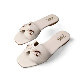 Chain Buckle Flat Slides Woman Pu Leather Sandals