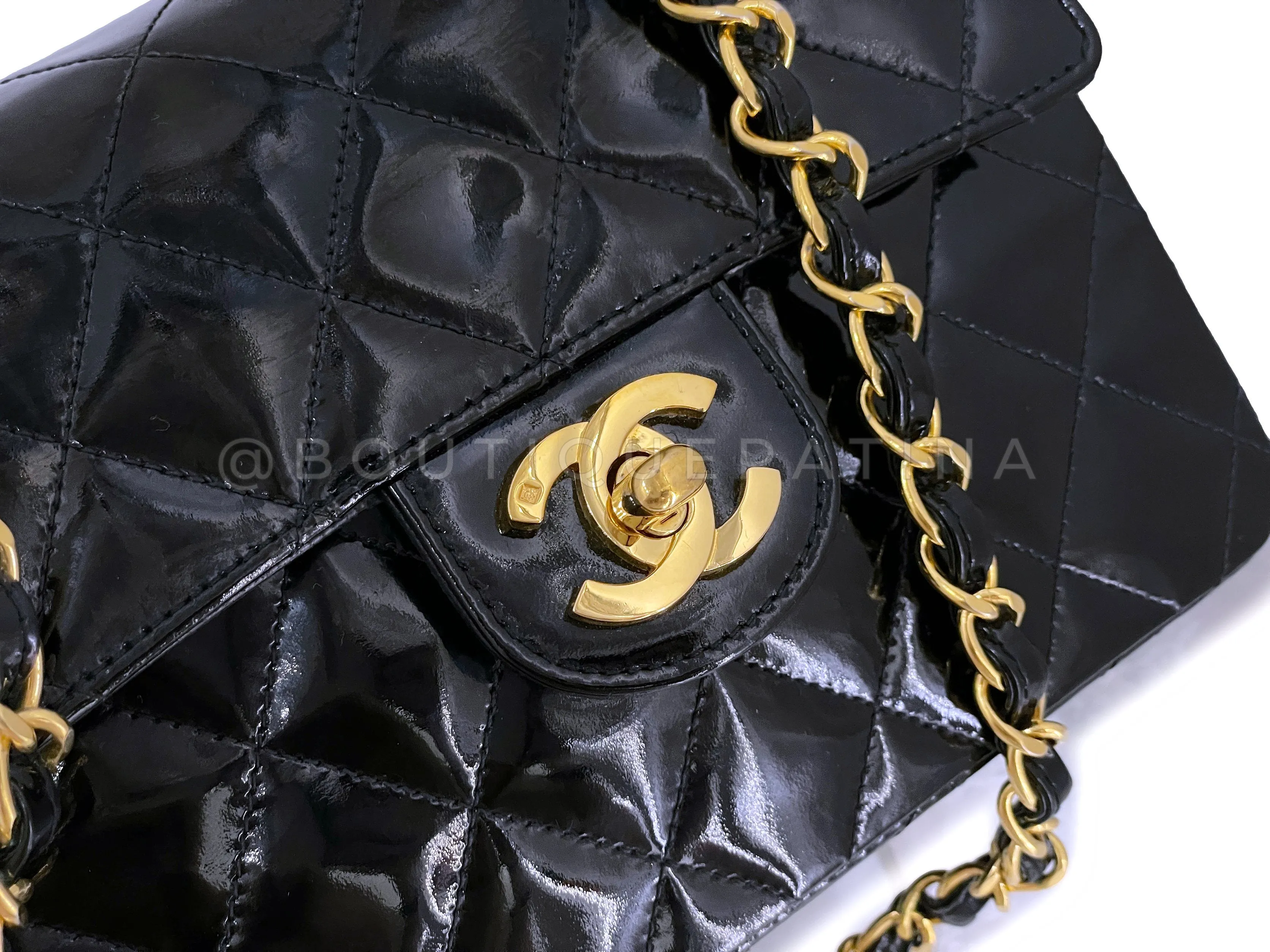 Chanel 1989 Vintage Black Patent Square Mini Flap Bag 24 GHW