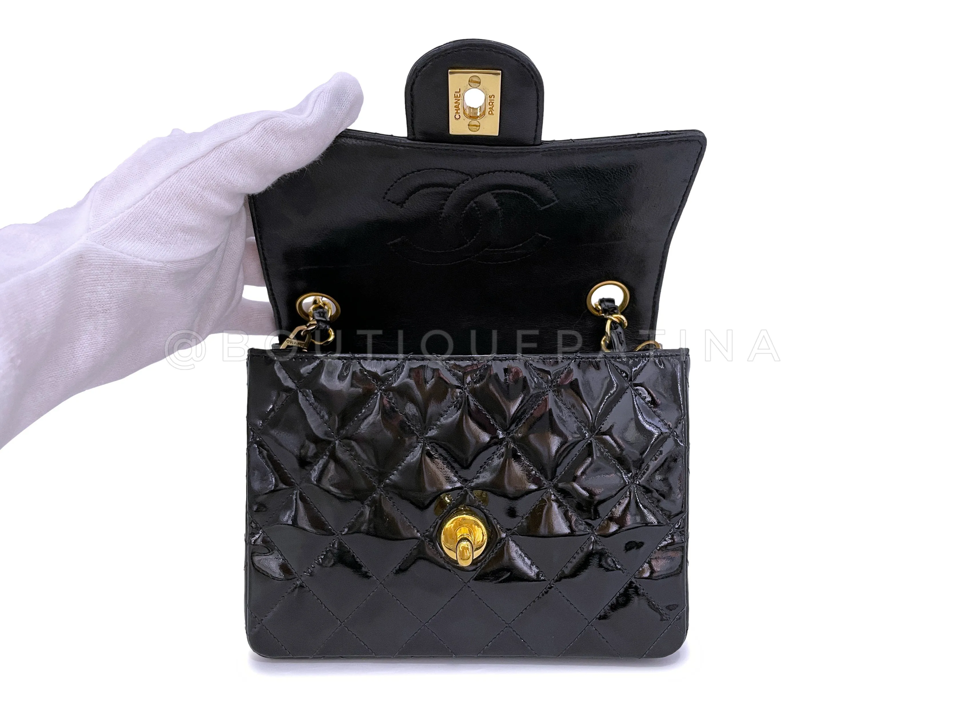 Chanel 1989 Vintage Black Patent Square Mini Flap Bag 24 GHW