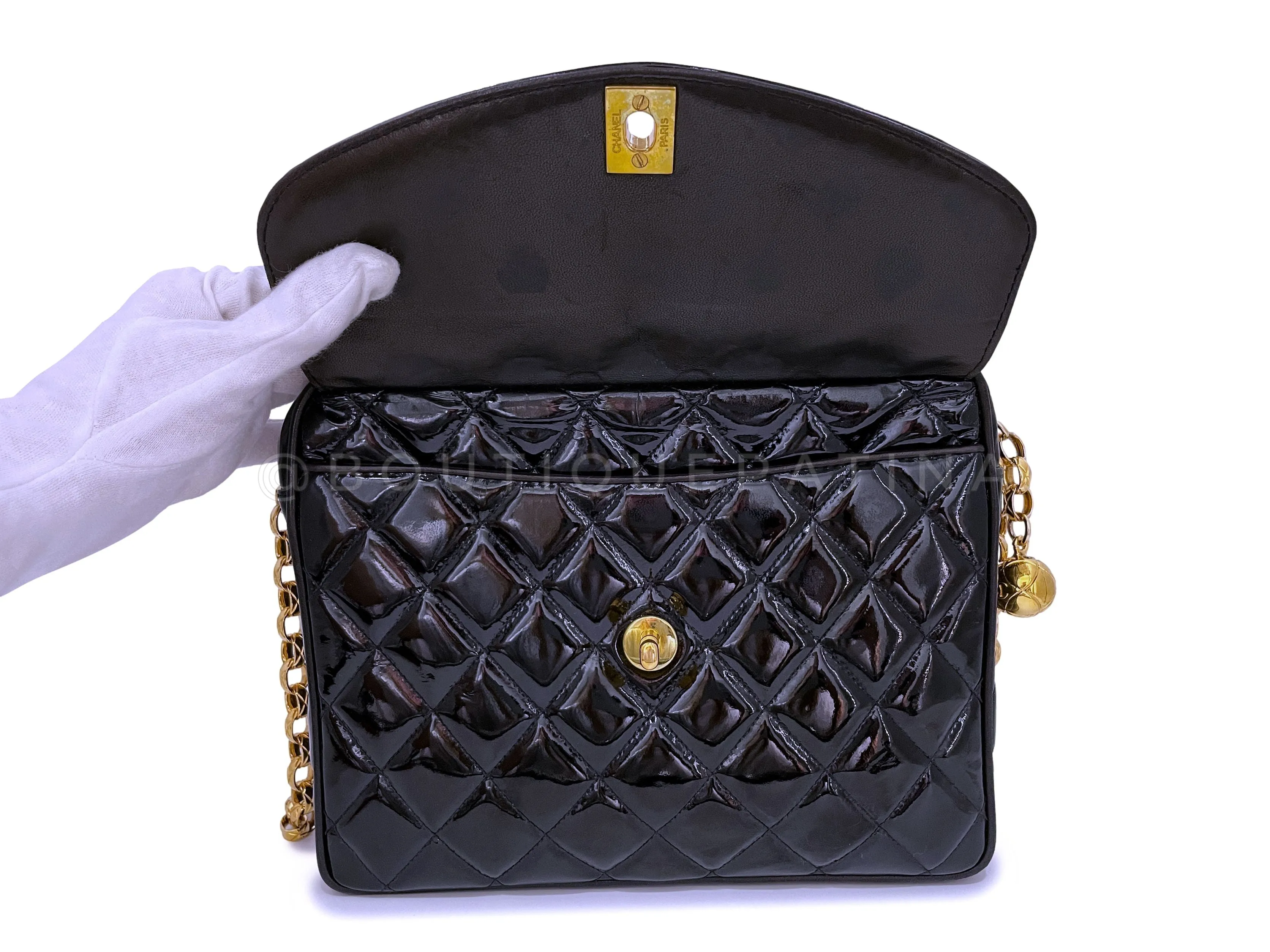 Chanel 1993 Vintage Black Patent Flap Camera Case Bag Bijoux Chain 24k GHW