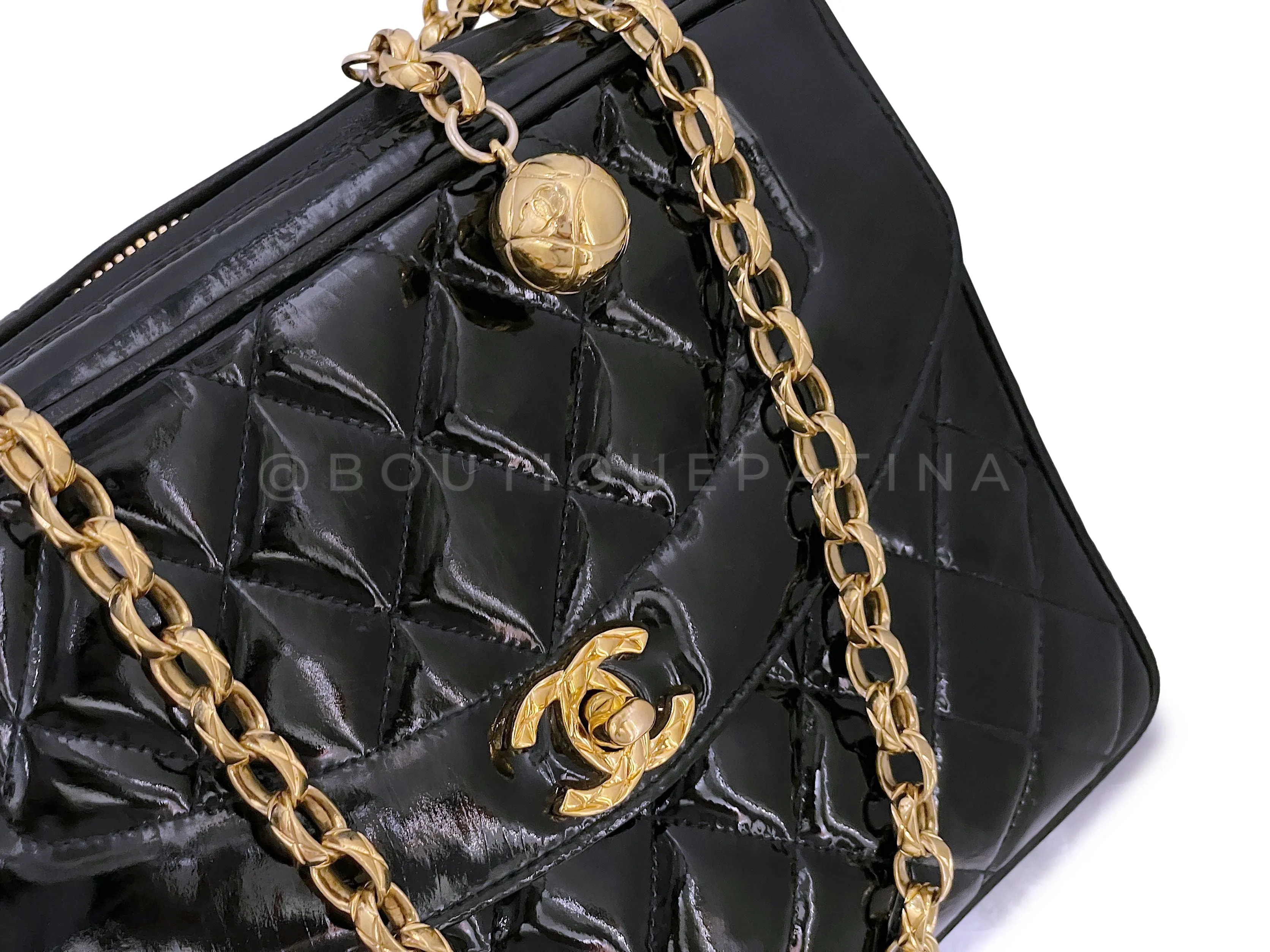 Chanel 1993 Vintage Black Patent Flap Camera Case Bag Bijoux Chain 24k GHW