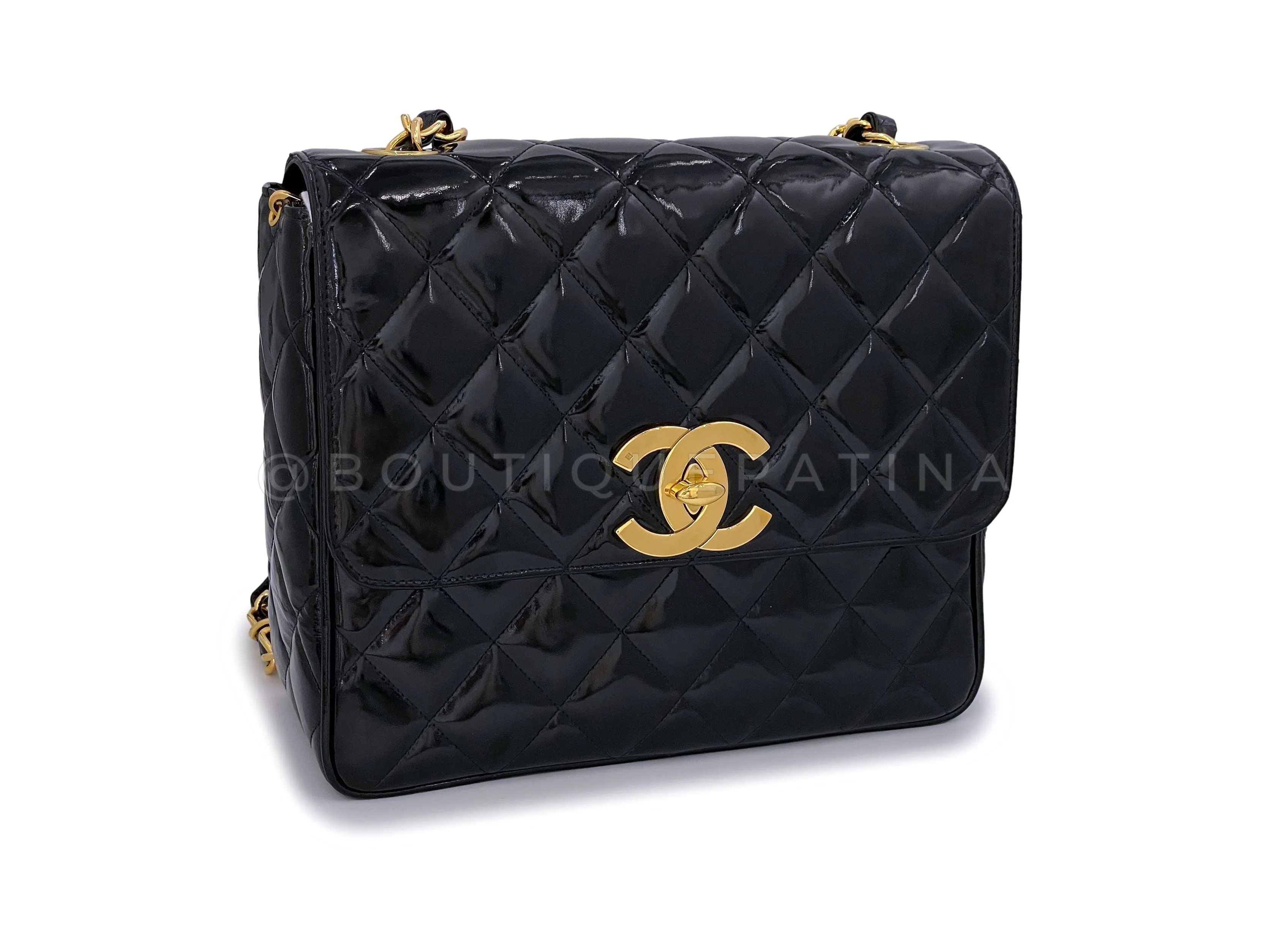 Chanel 1994 Vintage Black Patent Tall Classic Flap Bag Crossbody 24k GHW