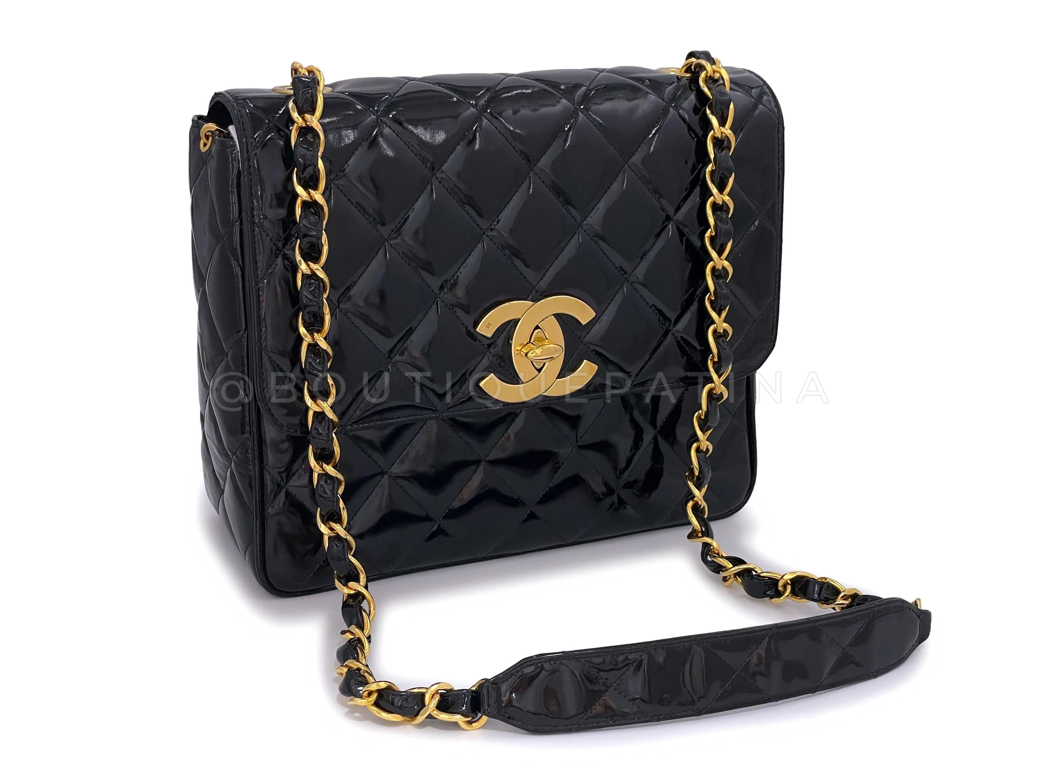 Chanel 1994 Vintage Black Patent Tall Classic Flap Bag Crossbody 24k GHW