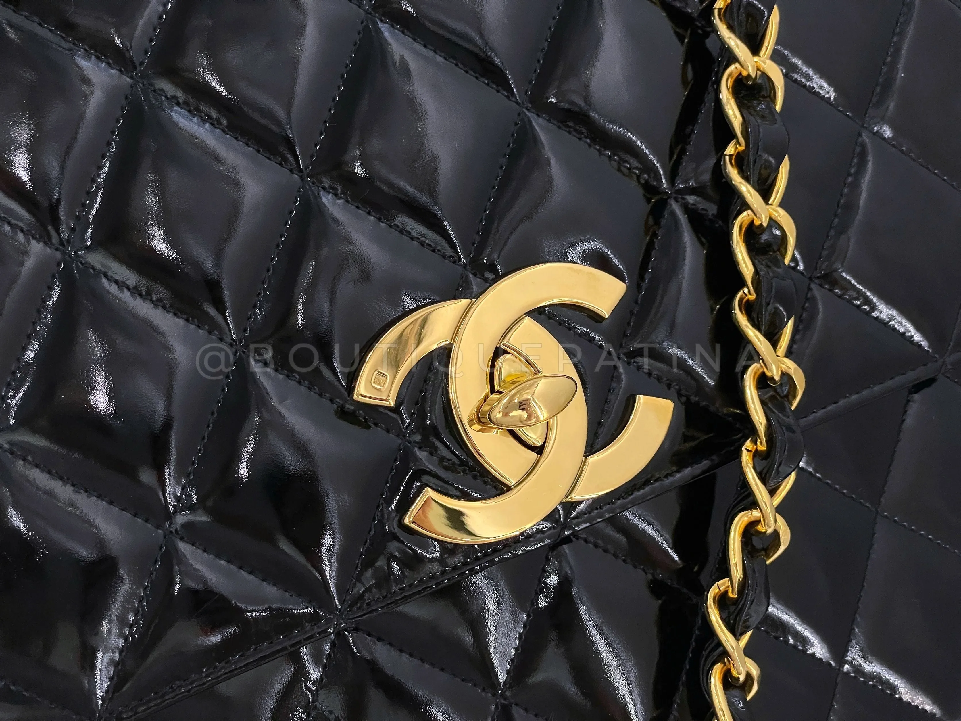 Chanel 1994 Vintage Black Patent Tall Classic Flap Bag Crossbody 24k GHW