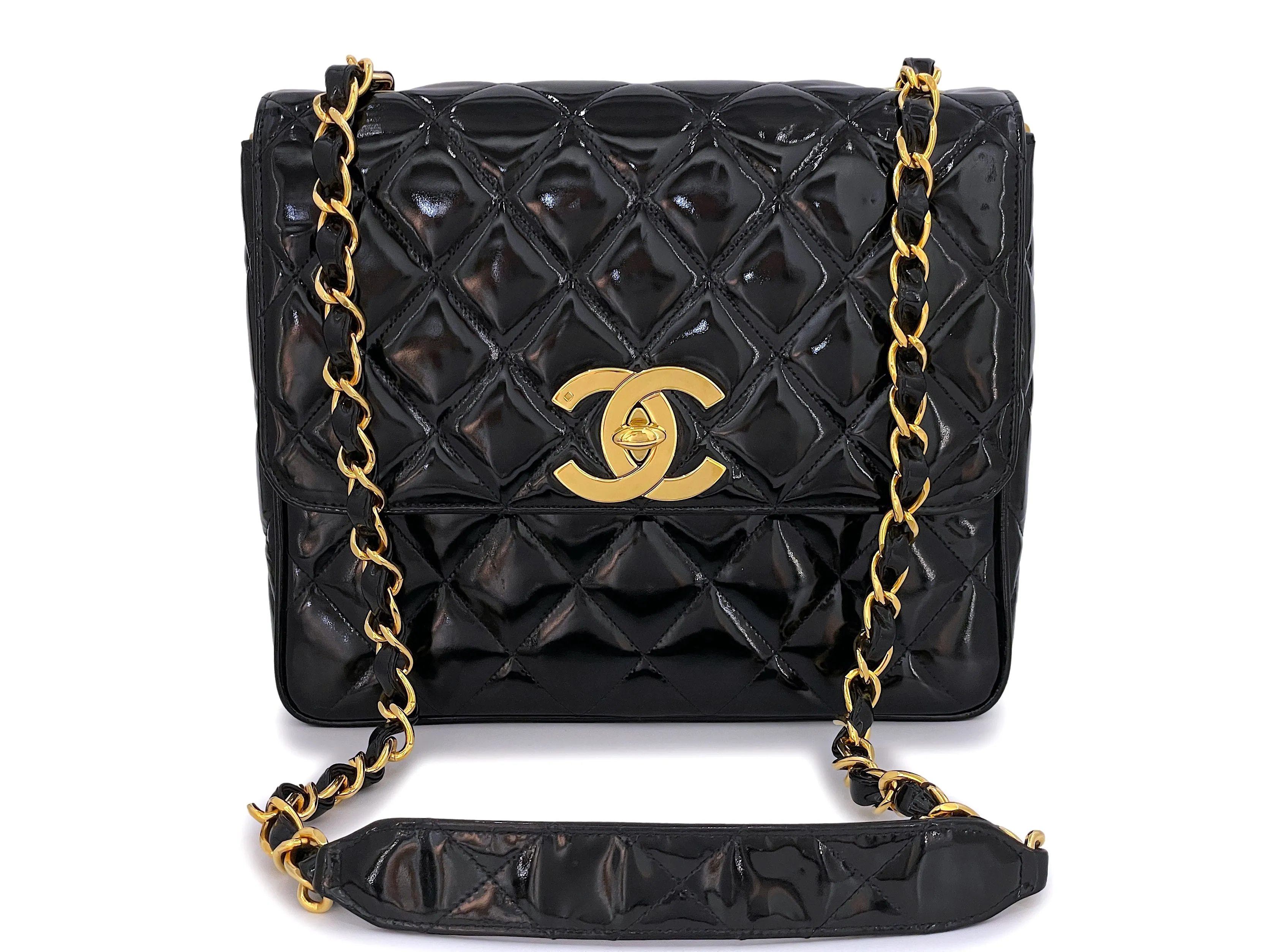 Chanel 1994 Vintage Black Patent Tall Classic Flap Bag Crossbody 24k GHW