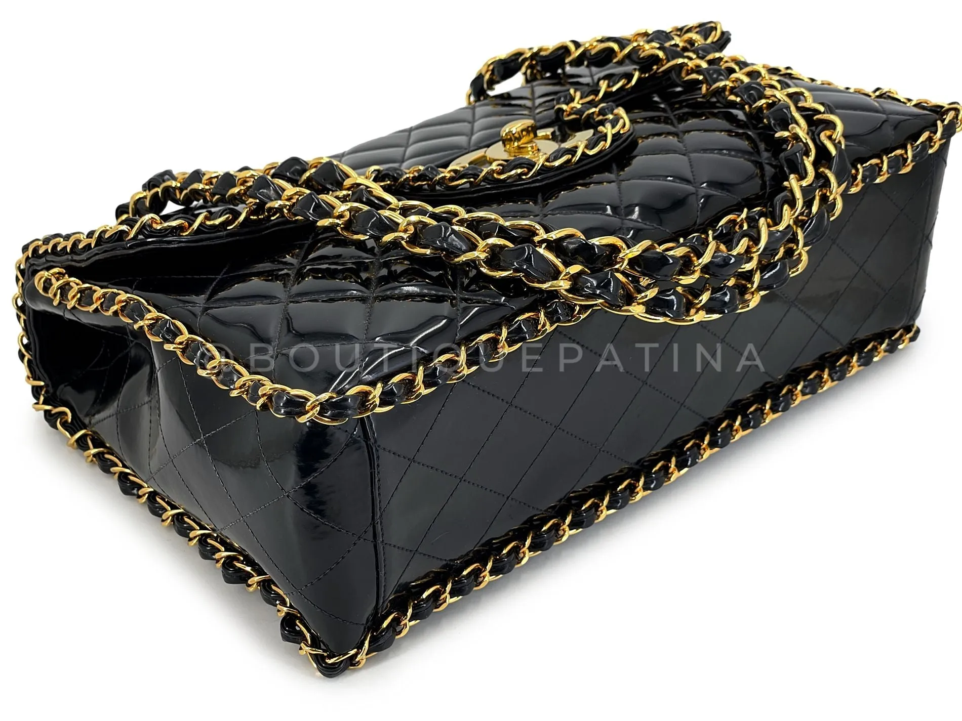 Chanel 1995 "Barbie" Black Patent Chain Around Maxi Flap Bag 24k GHW