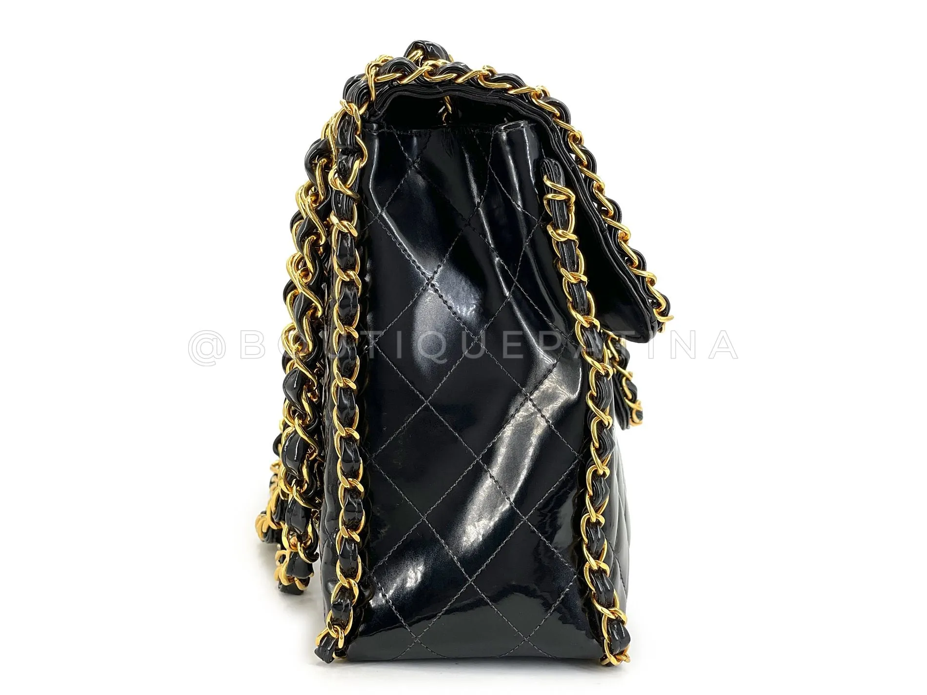 Chanel 1995 "Barbie" Black Patent Chain Around Maxi Flap Bag 24k GHW