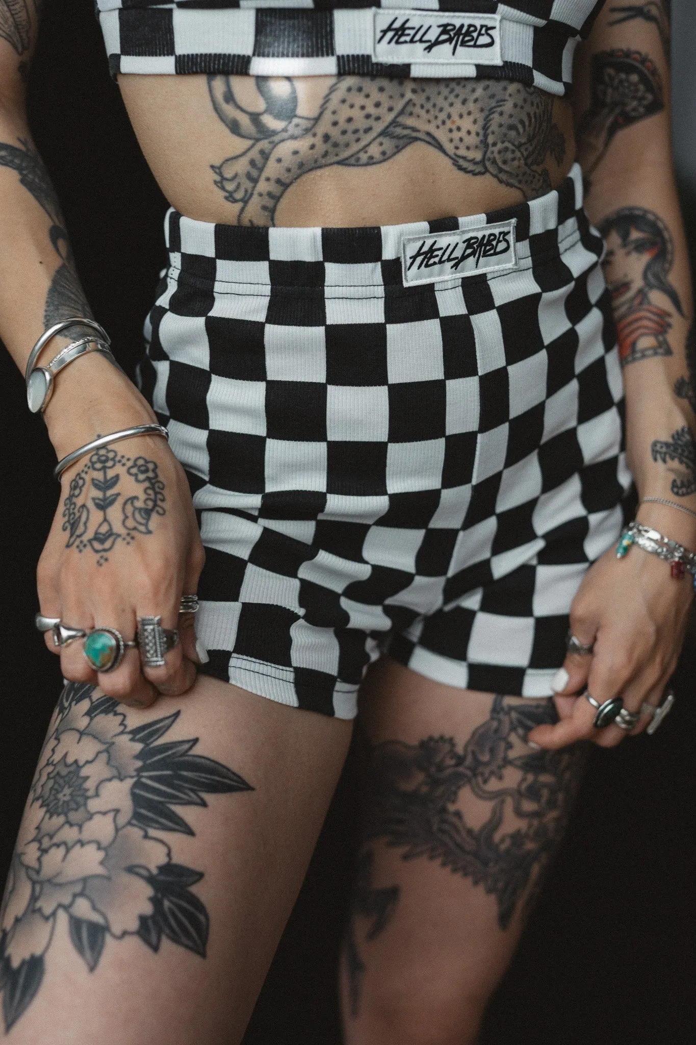 Checkered Ribbed Biker Shorts