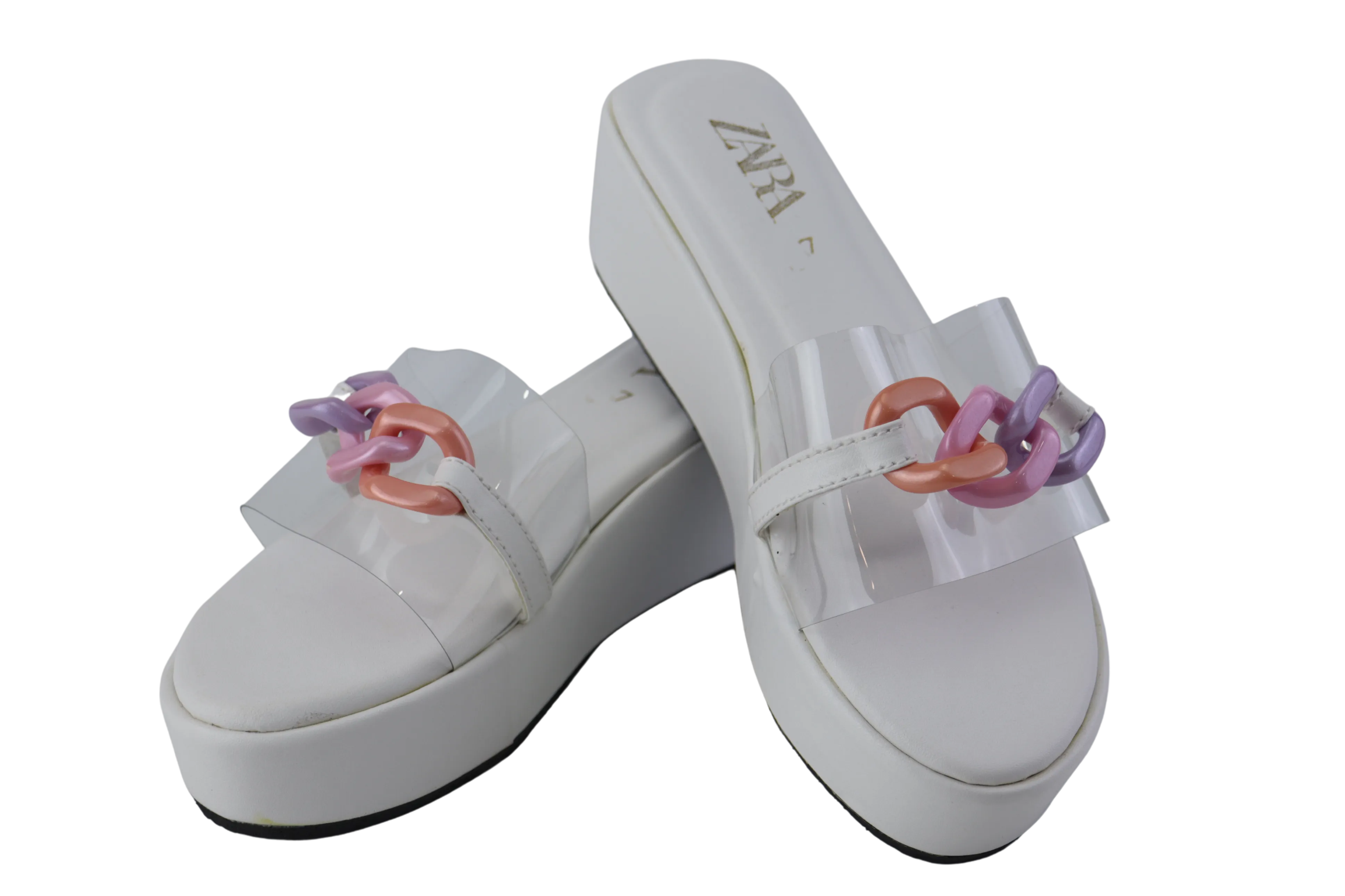 Clear Transparent Wedge Sandals with Pink and Purple Chain Buckle