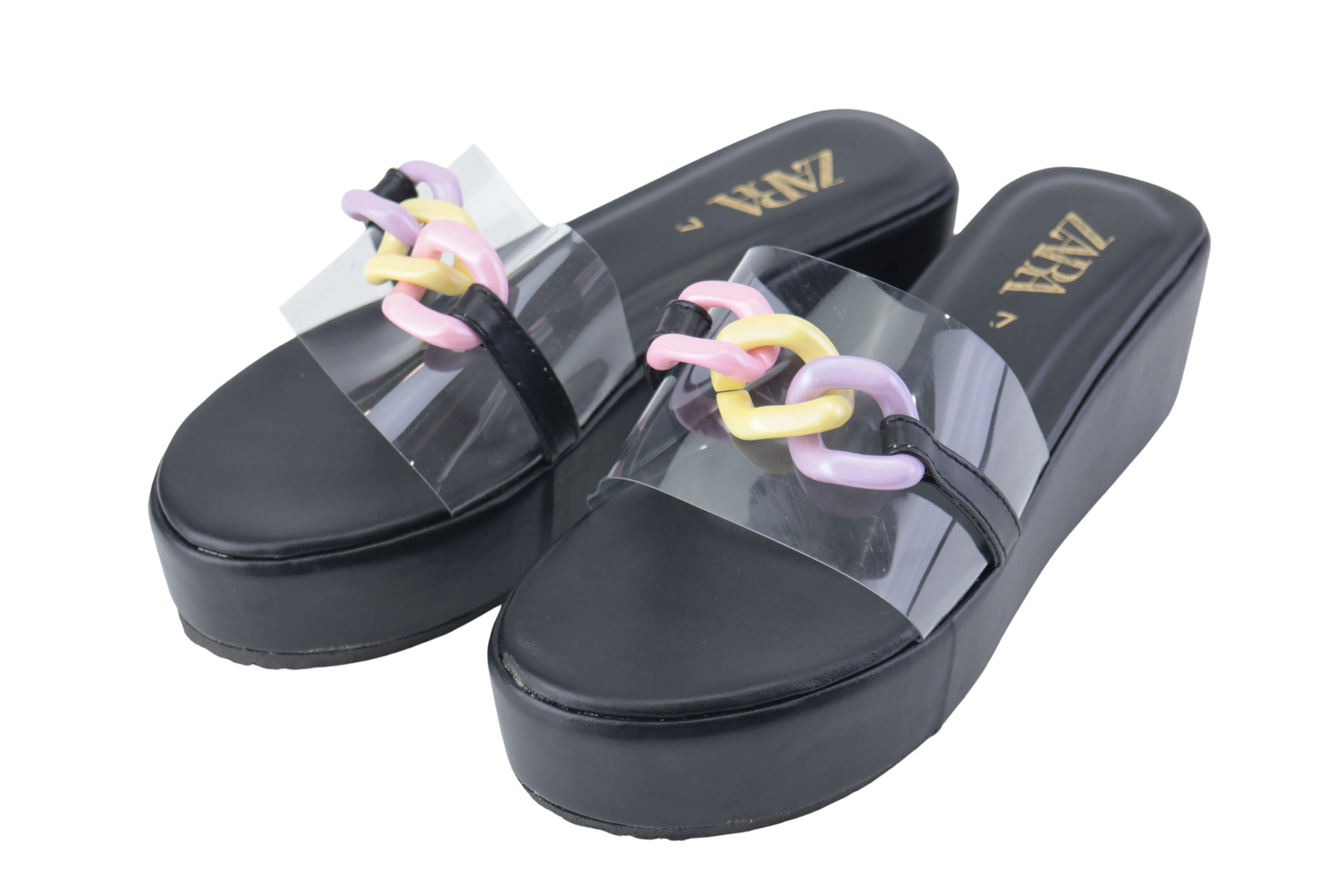 Clear Transparent Wedge Sandals with Pink and Purple Chain Buckle