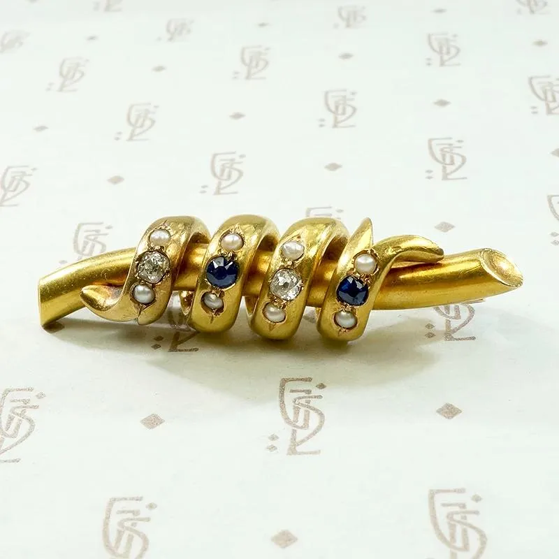 Curvy Serpentine 18k Brooch with Sapphire, Diamond & Pearl