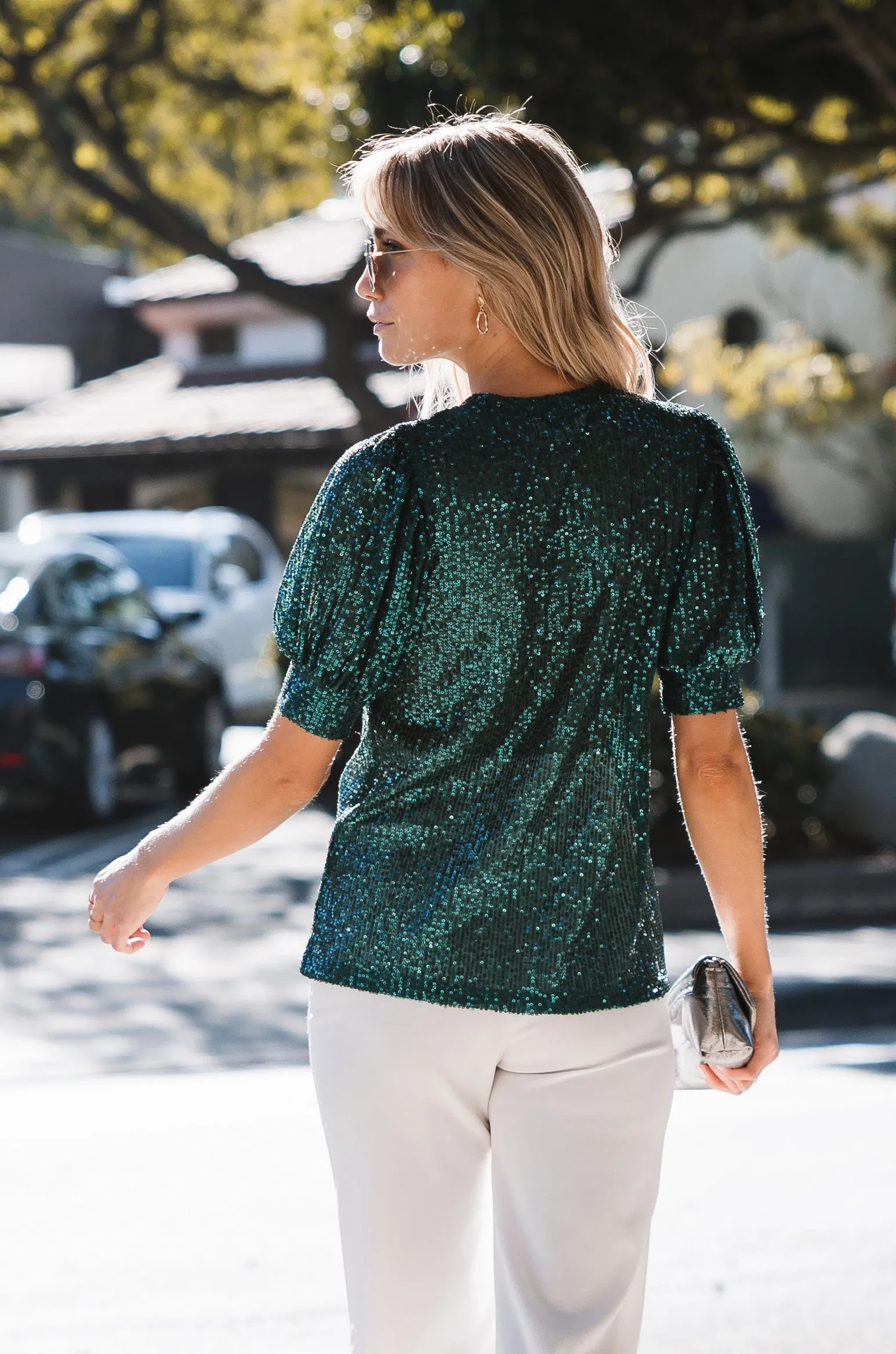 Emerald Sequin Perry Puff Sleeve Top