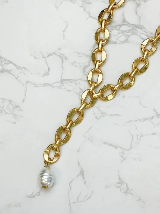 Freshwater Pearl Bold Link Necklace - Gold