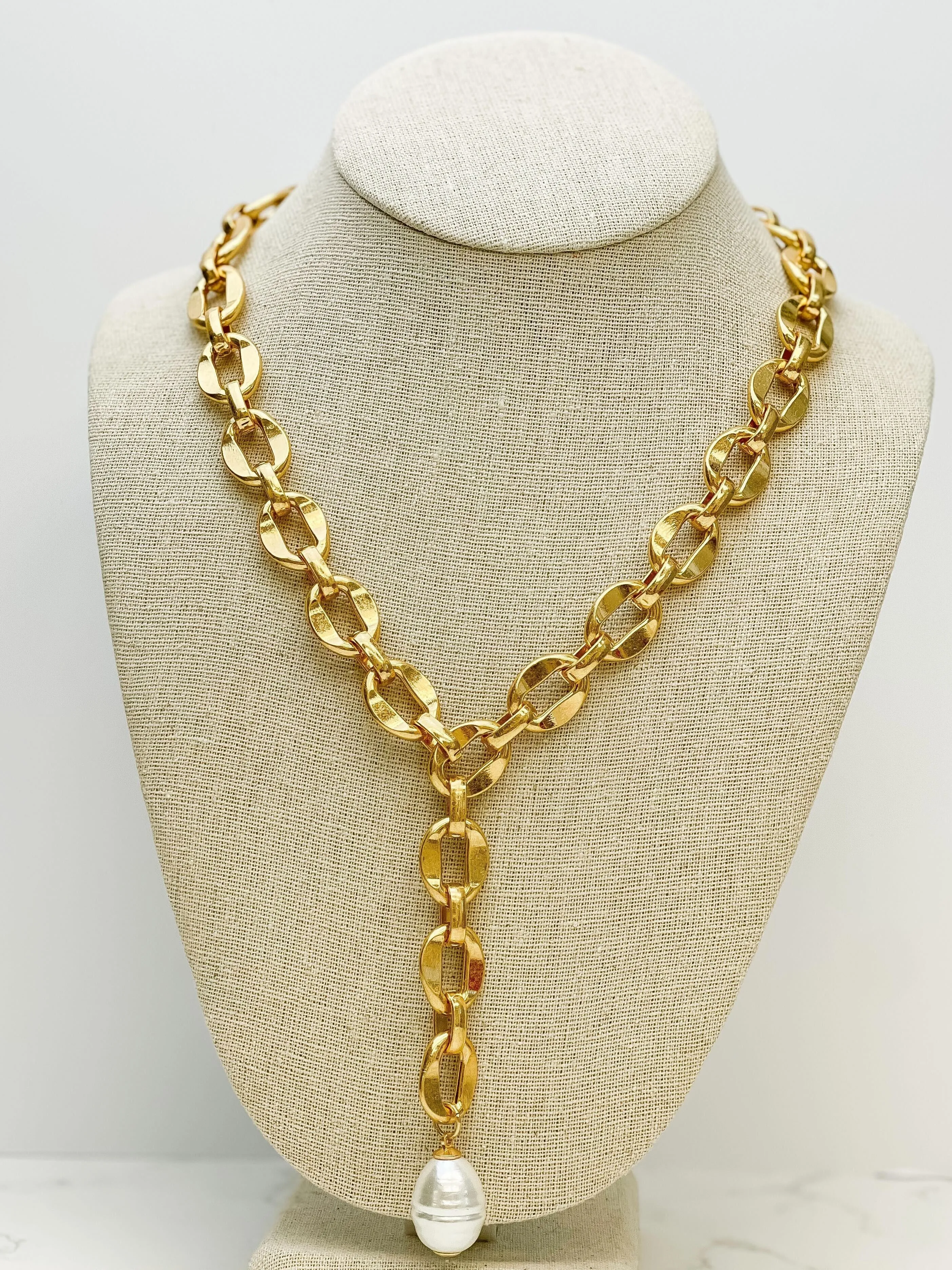 Freshwater Pearl Bold Link Necklace - Gold