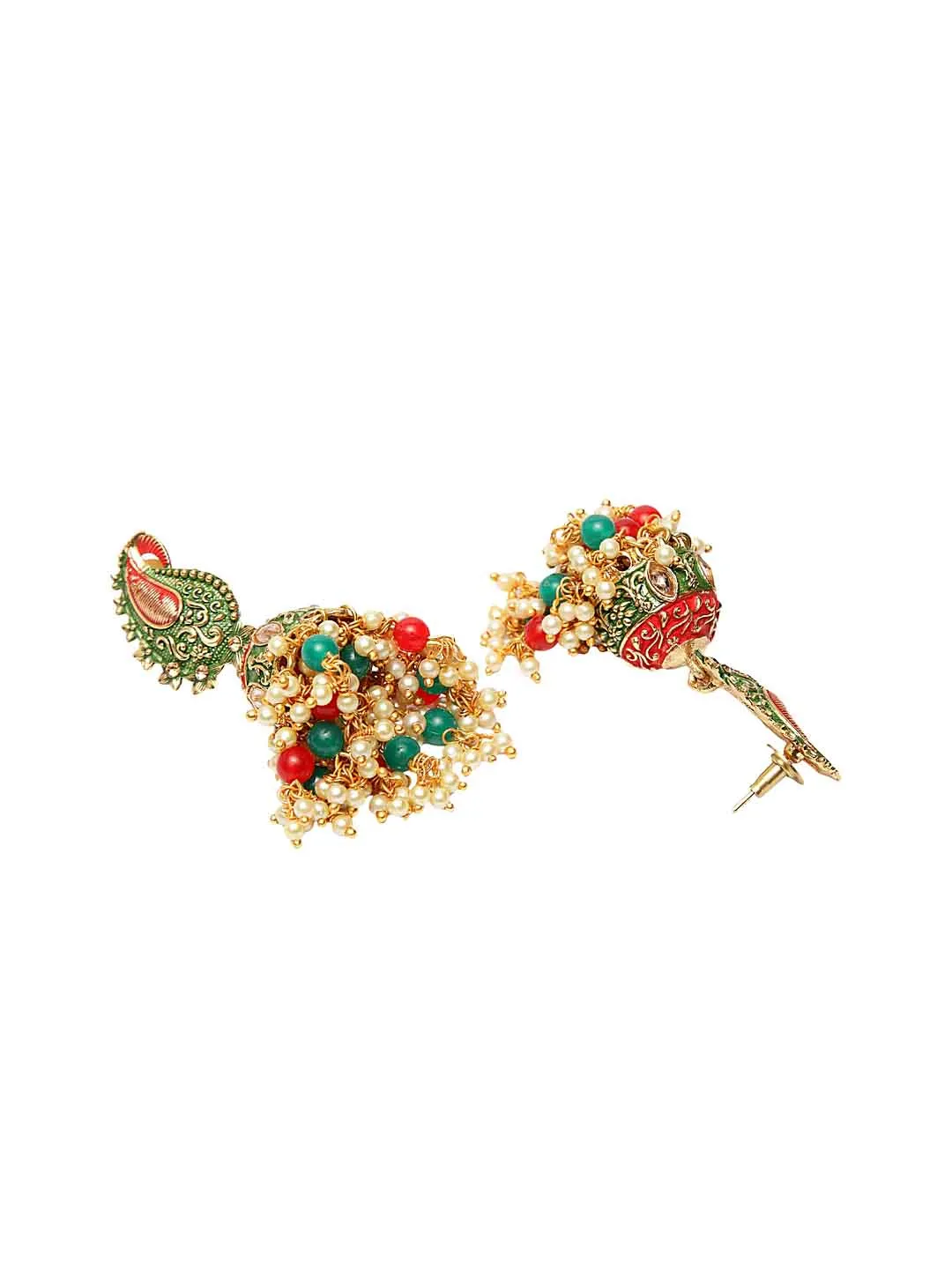 Gold-Toned & Red Dome Shaped Jhumkas