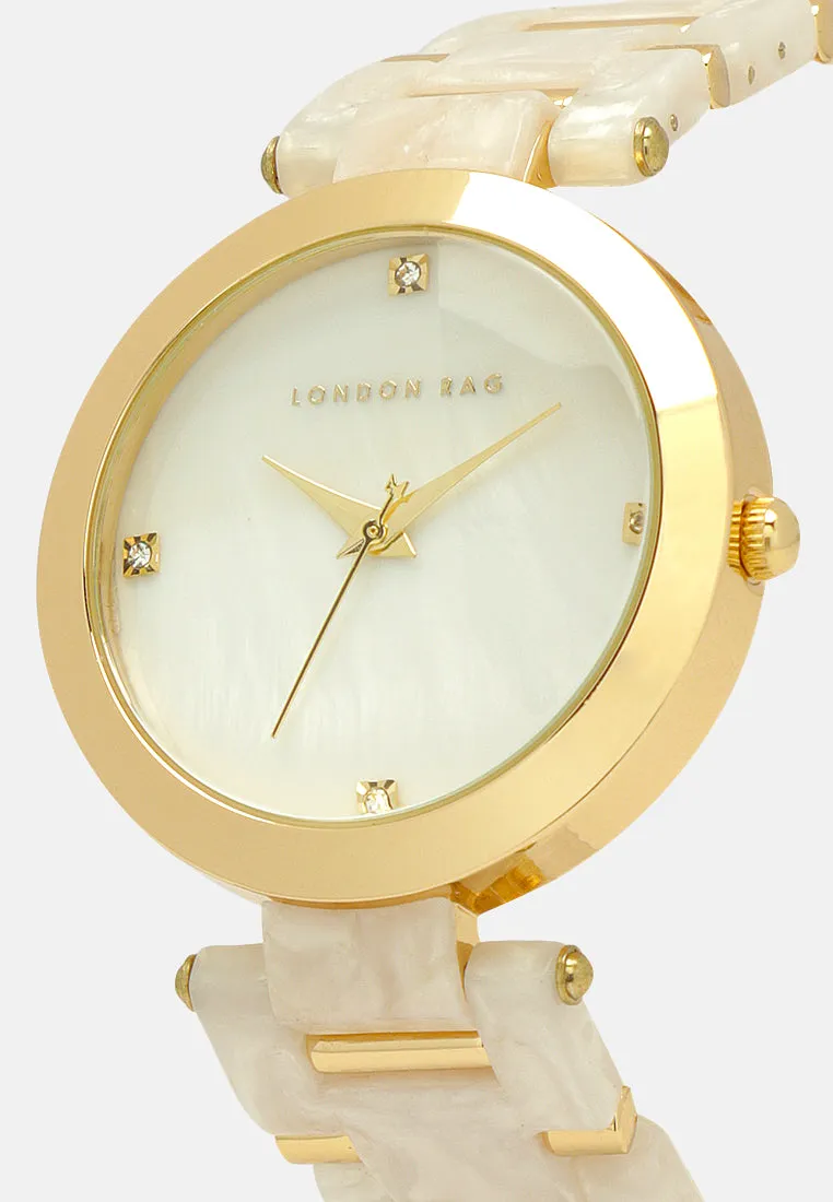 gold white marble finish round dial women's watch