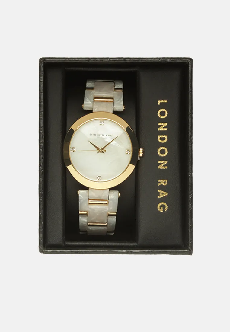 gold white marble finish round dial women's watch