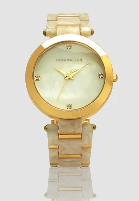 gold white marble finish round dial women's watch