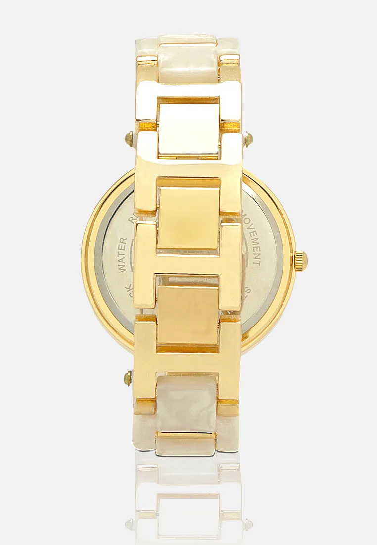 gold white marble finish round dial women's watch