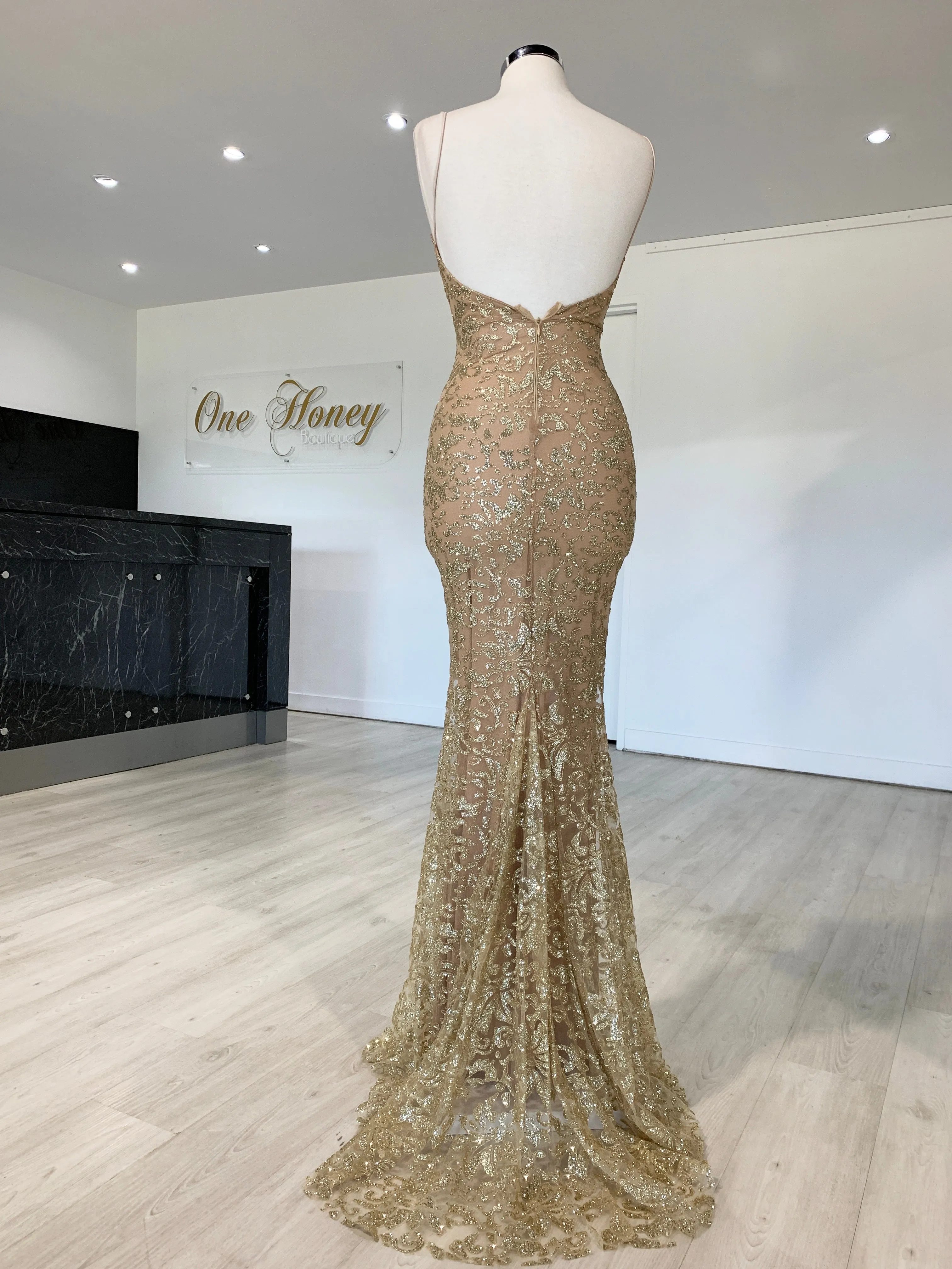 Honey Couture GRETA Gold Lace & Glitter Overlay Mermaid Formal Gown Dress