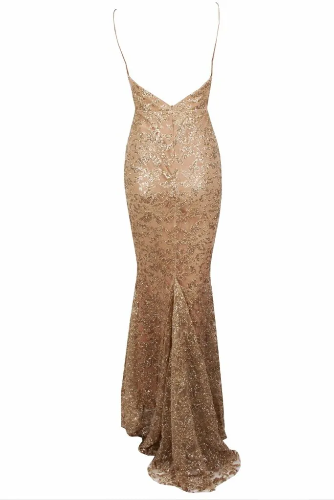 Honey Couture GRETA Gold Lace & Glitter Overlay Mermaid Formal Gown Dress