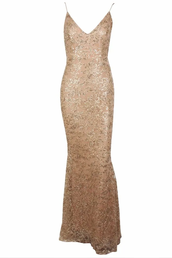 Honey Couture GRETA Gold Lace & Glitter Overlay Mermaid Formal Gown Dress