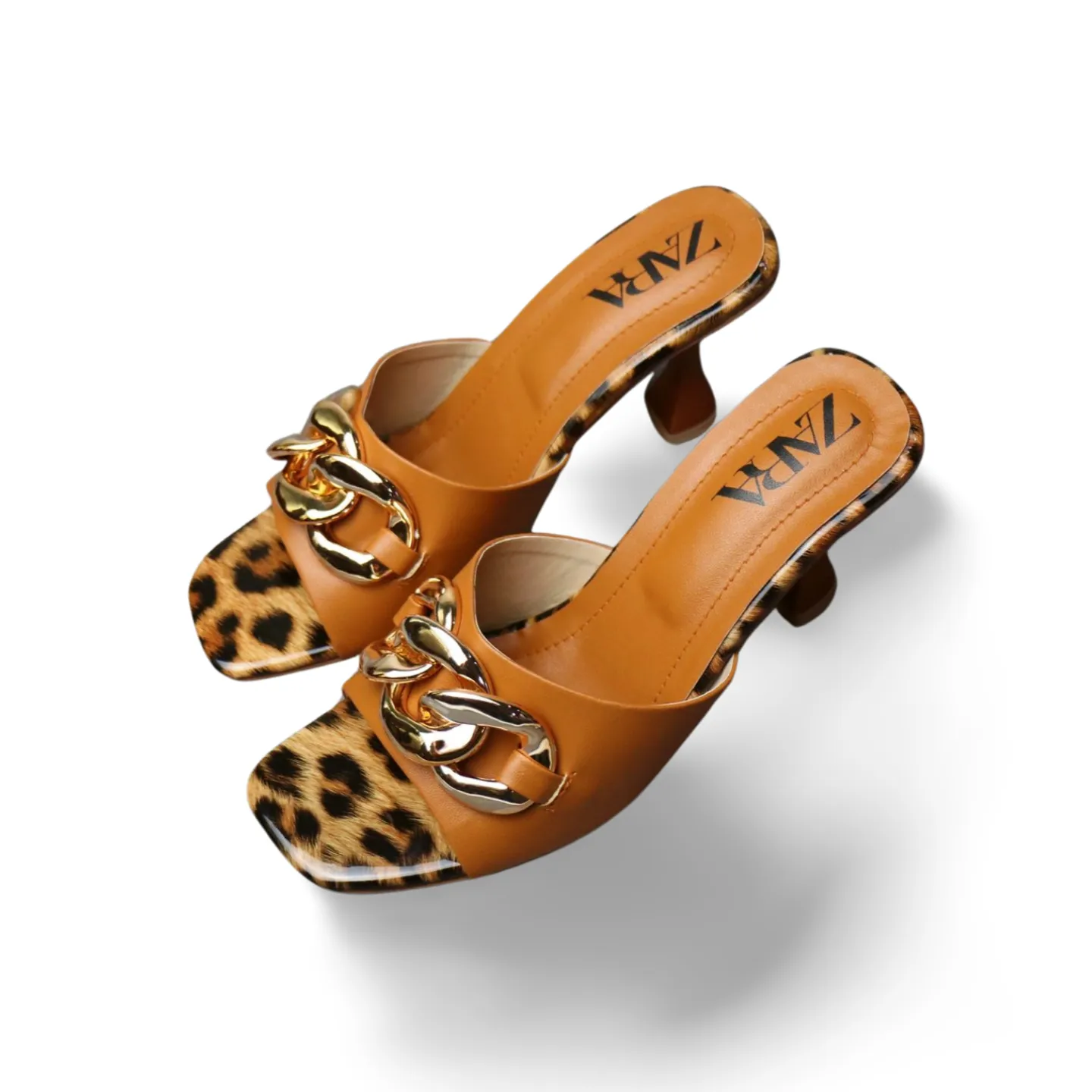 Leopard Print Heel Sandals with Gold Chain Accents