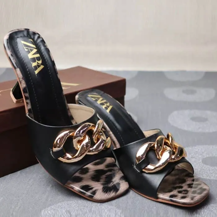 Leopard Print Heel Sandals with Gold Chain Accents