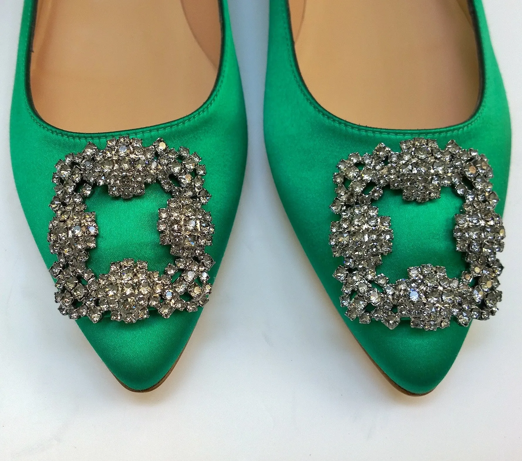 Manolo Blahnik Hangisi Flats in Bright Green Satin Rhinestone Buckle Shoes Strass