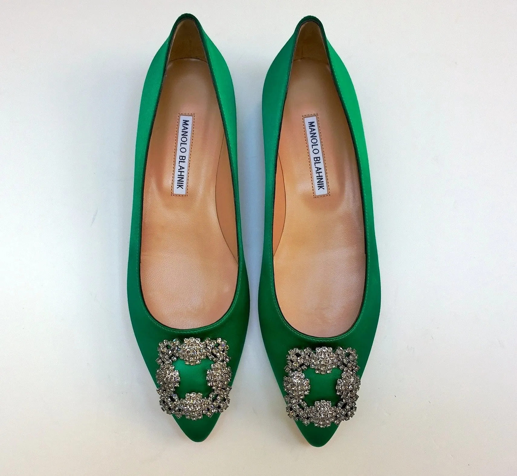 Manolo Blahnik Hangisi Flats in Bright Green Satin Rhinestone Buckle Shoes Strass