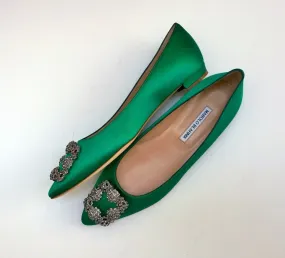 Manolo Blahnik Hangisi Flats in Bright Green Satin Rhinestone Buckle Shoes Strass